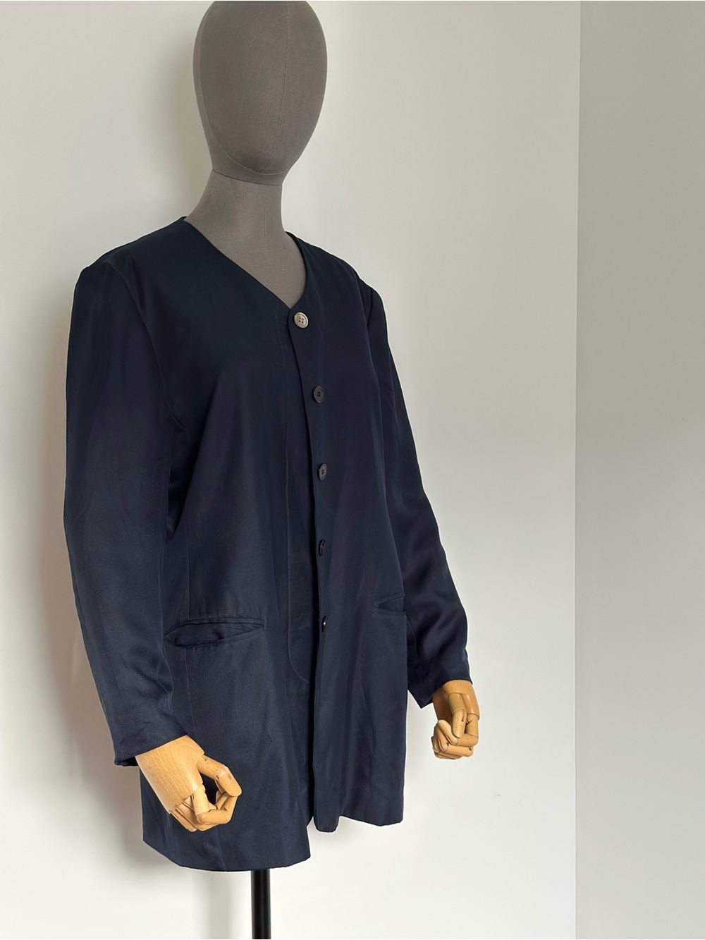 Navy 100% Silk Collarless Longline Jacket Minimalist Classic Blazer